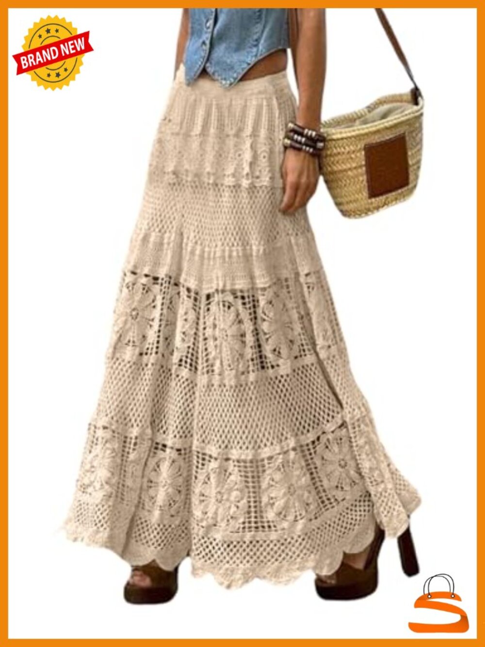 Women's Lace Crochet Knit Maxi Boho Skirt A-Line Eyelet Flowy Long Skirt - Picture 1 of 3